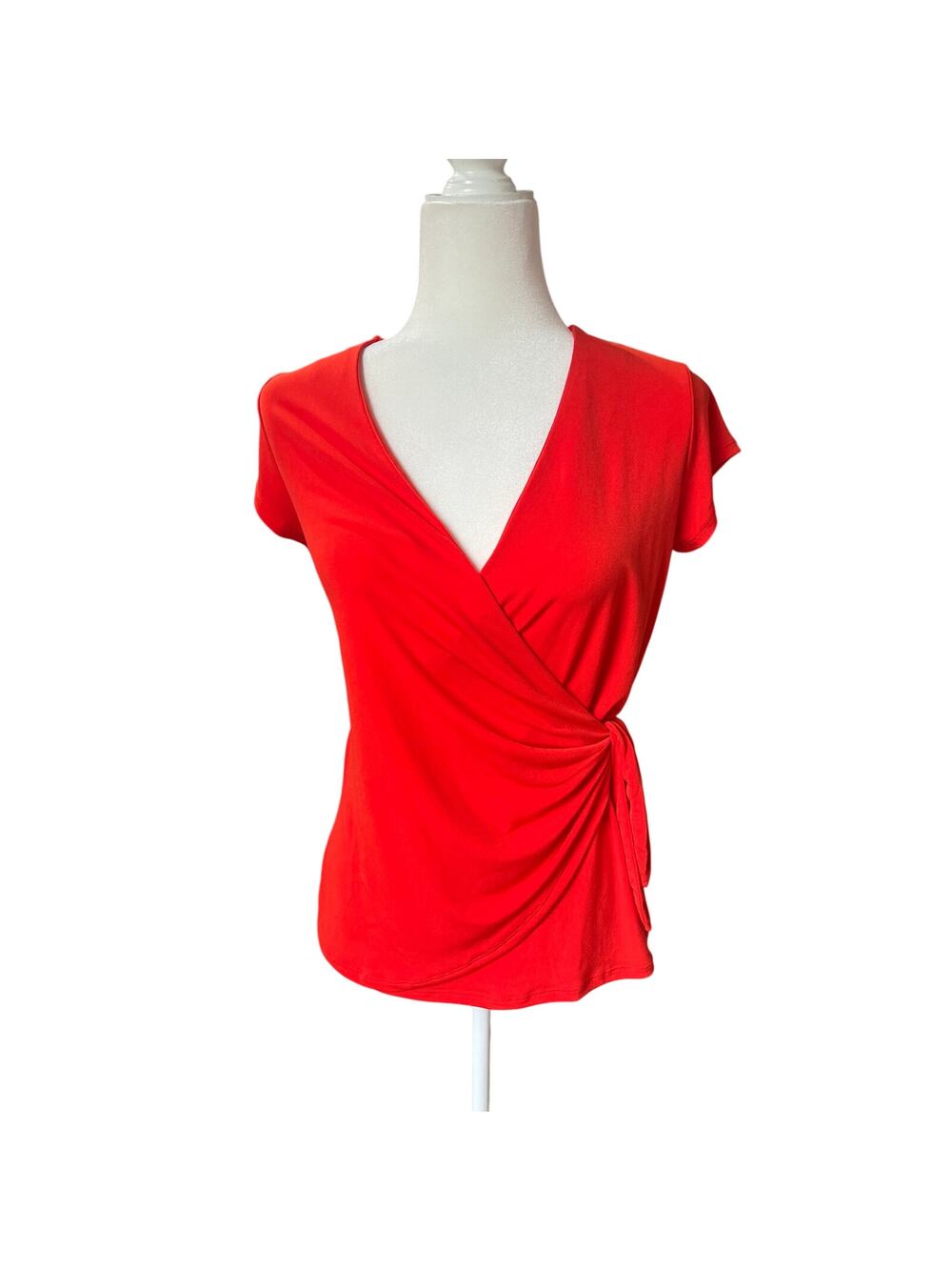 Tahari Orange V-Neck Stretch Cap Sleeve Faux Wrap Blouse Size S Side Tie Drape
